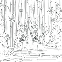 Cartoon snowmans in a fairy forest scene. Winter vector illustration template in black and white for games, background, pattern, decor. Print for fabrics and other surfaces. Coloring paper, page, book
