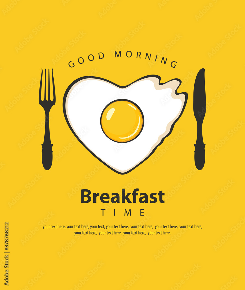 Poster vector banner or menu on the theme of breakfast time with fried egg in the shape of a heart, a fork 