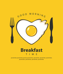Vector banner or menu on the theme of Breakfast time with fried egg in the shape of a heart, a fork and a knife on a yellow background with space for text in retro style