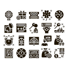 Lottery Gambling Game Glyph Set Vector Thin Line. Human Win Lottery And Hold Check, Car Key And Money Bag, Fortune Wheel And Loto Glyph Pictograms Black Illustrations