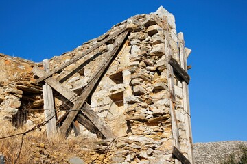 Ruins of stone tower at the medieval village of Vathia in southeastern Laconia, Peloponnese region,...