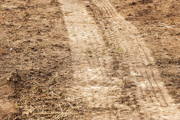 Tyre track and human footprint on sand texture background. Traces of off-road tires. Cracked earth on country road with traces of tires, cars, cracks and dirt. To use as background