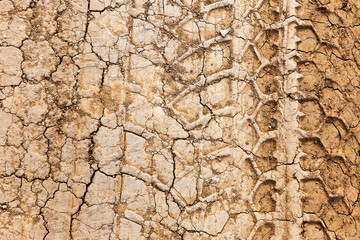 Tyre track and human footprint on sand texture background. Traces of off-road tires. Cracked earth on country road with traces of tires, cars, cracks and dirt. To use as background