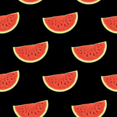 Seamless pattern with juicy watermelon slices. Summer vector background with the red sweet watermelon on a black backdrop, suitable for wallpaper, wrapping paper, fabric, textile, fruit design
