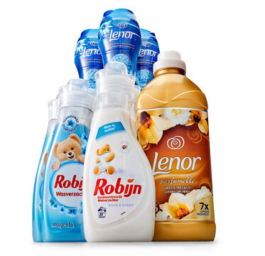 Netherlands, Haarlem - 20-06-2019: Assortment of Robijn and Lenor cleaning products in a studio setting, isolated on white
