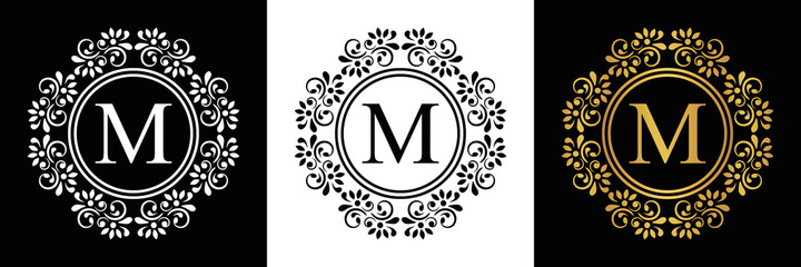  Gold letter  M Vintage set black, white and golden flower ornament initial letters.  Alphabet. Logo vector 