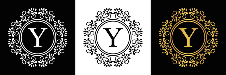  Gold letter  Y Vintage set black, white and golden flower ornament initial letters.  Alphabet. Logo vector 
