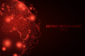 Earth globe in futuristic style with Covid-19 bacteria. Chinese pandemic. Dangerous cellular infection. Plexus triangles. Glowing 3D infected planet for a medical design. Vector illustration