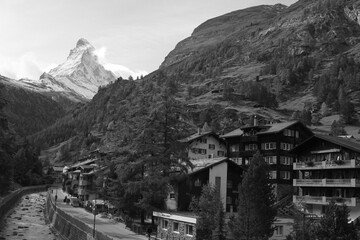Beautiful black and white landscape at Zermatt with famous Matterhorn view in Autumn, Switzerland 