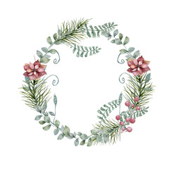 Watercolor Christmas set of wreath with christmas tree spruce branches, flower and berries on a white background isolated. Holiday decoration winter element Scandinavian invitation style