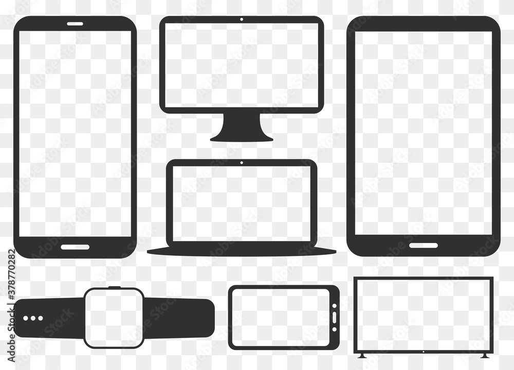 Wall mural Mobile Phone, Tablet PC, Computer Monitor, Laptop Screen and Smart Watch Silhouette Vector Icon Set. Transparent and Flat Icons for Digital Devices.