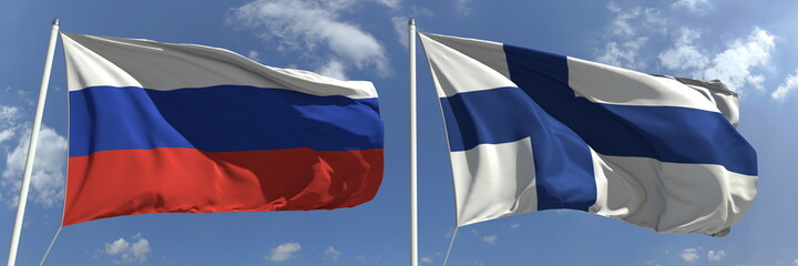 Waving flags of Russia and Finland on flagpoles, 3d rendering