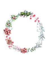 Watercolor Christmas card with wearth. Hand drawing christmas decoration. Winter holiday design. Berry wreath for Christmas greeting card.