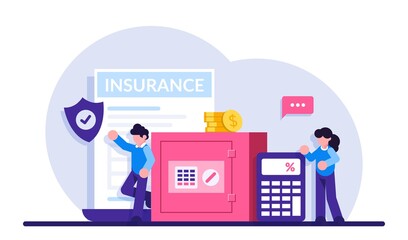 Insurance payment concept. People stand near the safe for money and calculator of calculation of insurance payments. Financial services. modern flat illustration.
