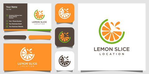 Lemon slice citrus flat vector logo and business card design