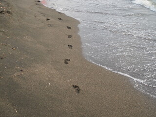 Baby footprints on the sandy beach near the sea.