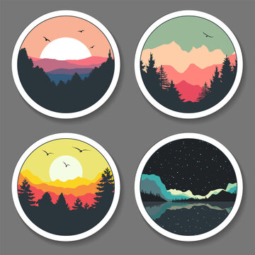 Colorful Landscape, Wild Nature Outdoor Stickers, Emblem Templates, Forest, Mountains, Lake, Sunset and Birds