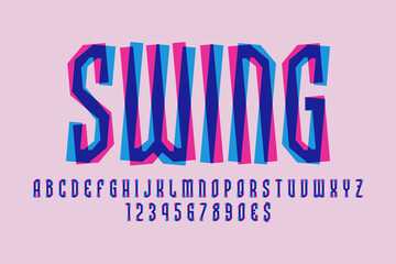 Swing artistic display font. Shifted pink blue letters, numbers and currency signs. Isolated english alphabet. Vector lettering.
