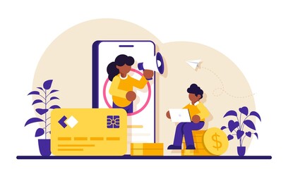 Finance or banking consultation via mobile phone. Bank services. Credit card and coin stack. Modern flat illustration.