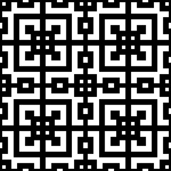 Seamless Chinese window tracery pattern. Repeated stylized black squares and crossed lines on white background. Lattice motif. Symmetric geometric grid wallpaper. Digital paper. Vector illustration