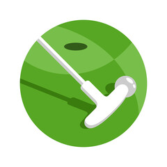 Minigolf logo - putt-putt crazy golf stick and ball and hole on grass field - isolated vector icon or emblem