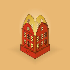 house candlestick isometry glows on an orange background in children's cartoon style bright night light for poster and postcard