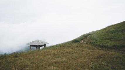 Pavilion and landscape covered in fog on Wugong Mountain in Jiangxi, China