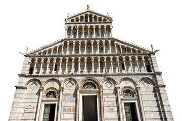 Fototapeta premium Main facade of the Pisa Cathedral, (Duomo of Santa Maria Assunta), in Pisan Romanesque style, isolated on white background. Square of Miracles (Piazza dei Miracoli), Tuscany, Italy, Europe.