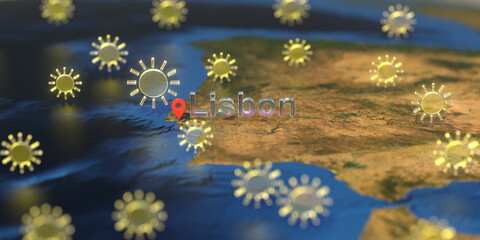 Lisbon city and sunny weather icon on the map, weather forecast related 3D rendering