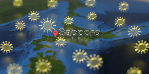 Sunny weather icons near Sapporo city on the map, weather forecast related 3D rendering