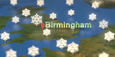 Snowy weather icons near Birmingham city on the map, weather forecast related 3D rendering