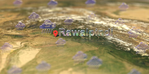 Rawalpindi city and rainy weather icon on the map, weather forecast related 3D rendering