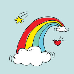 Doodle Rainbow With Clouds,Vector Illustration