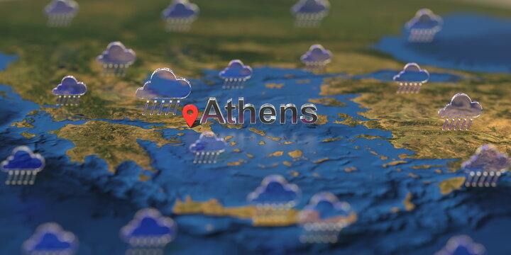 Athens city and rainy weather icon on the map, weather forecast related 3D rendering