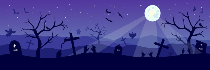 Happy Halloween banner with spooky ghosts and bats on cemetery. Scary night background with zombie and moon. - obrazy, fototapety, plakaty