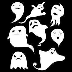 Ghost icons. Scary white ghosts design on black background. Ghost shadow funny. ghost sheet for halloween character design.