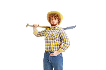 Handsome farmer, rancher isolated over white studio background. Concept of professional occupation, work, job, organic food. Copyspace for ad, text. Caucasian man with equipment for working.