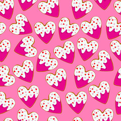 Heart shape ginger cookies with pink and white frosting and little heart sprinkles seamless pattern. Vector illustration for St. Valentine's day for games, background, pattern, decor. Print for fabric