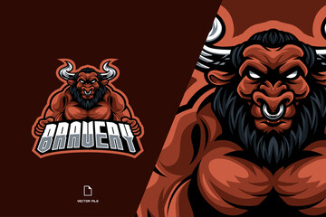 red strong bull buffalo mascot character sport logo for game team illustration