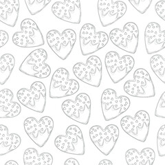 Heart shape ginger cookies with frosting and little heart sprinkles seamless pattern in black and white. Vector illustration for St. Valentine's day for games, background, pattern, decor.Coloring book