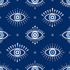 Evil eye vector seamless pattern. Magic, witchcraft, occult symbol, line art collection. Hamsa eye, magical eye, decor element. Blue, white, eyes. Fabric, textile, giftware, wallpaper.