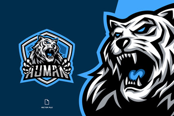angry white tiger mascot character cartoon for esport game logo illustration © eryusan