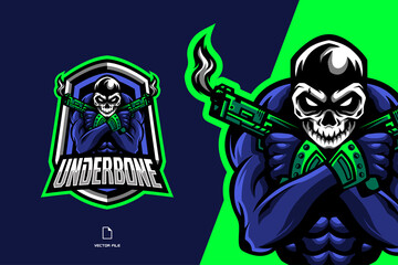 skull with gun mascot character game logo for esport team illustration template