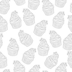 WebCupcakes with cream and strawberrys in chocolate vector illustration in black and white. St. Valentines day seamless pattern for games, background, pattern, decor. Coloring paper, page, book