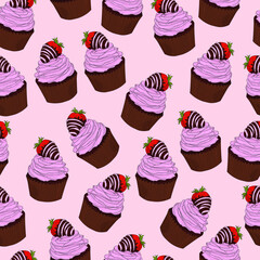 Chocolate cupcakes with pink cream and strawberrys in chocolate vector illustration with outlines. St. Valentines day seamless pattern for games, background, pattern, decor. Print for fabrics