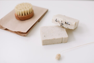 Zero waste kitchen accessories, natural organic soap. Concept of plastic free and eco friendly products in household, top view