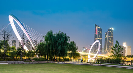 China Nanjing city skyline and modern buildings, twilight landscape.