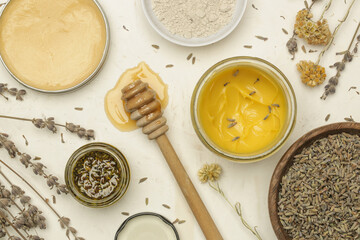 Natural homemade organic cosmetic. Creams and balms with herbal ingredients, top view.