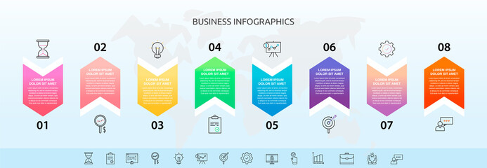 Infographics with 8 elements and arrows. Vector concept of eight business options to choose from. Modern design for flowchart, timeline, web, graph, presentation