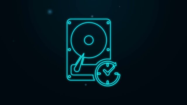 Glowing neon line Hard disk drive with clockwise sign, data recovery icon isolated on black background. 4K Video motion graphic animation.